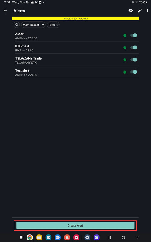 The alert panel on the Android Tablet